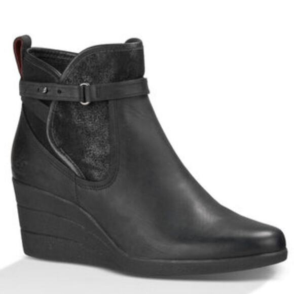 Ugg Emalie Moto Buckle Wedge Leather Lined Heels Boots Shoes Bootie - Picture 2 of 14